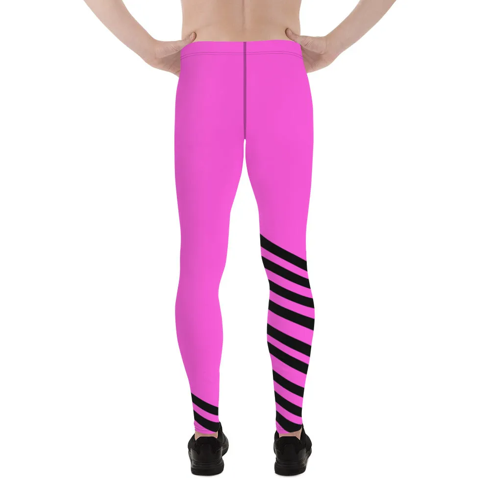 Pink Black Striped Meggings, Athletic Yoga Pants Running Leggings Men's Tights-Made in USA/EU