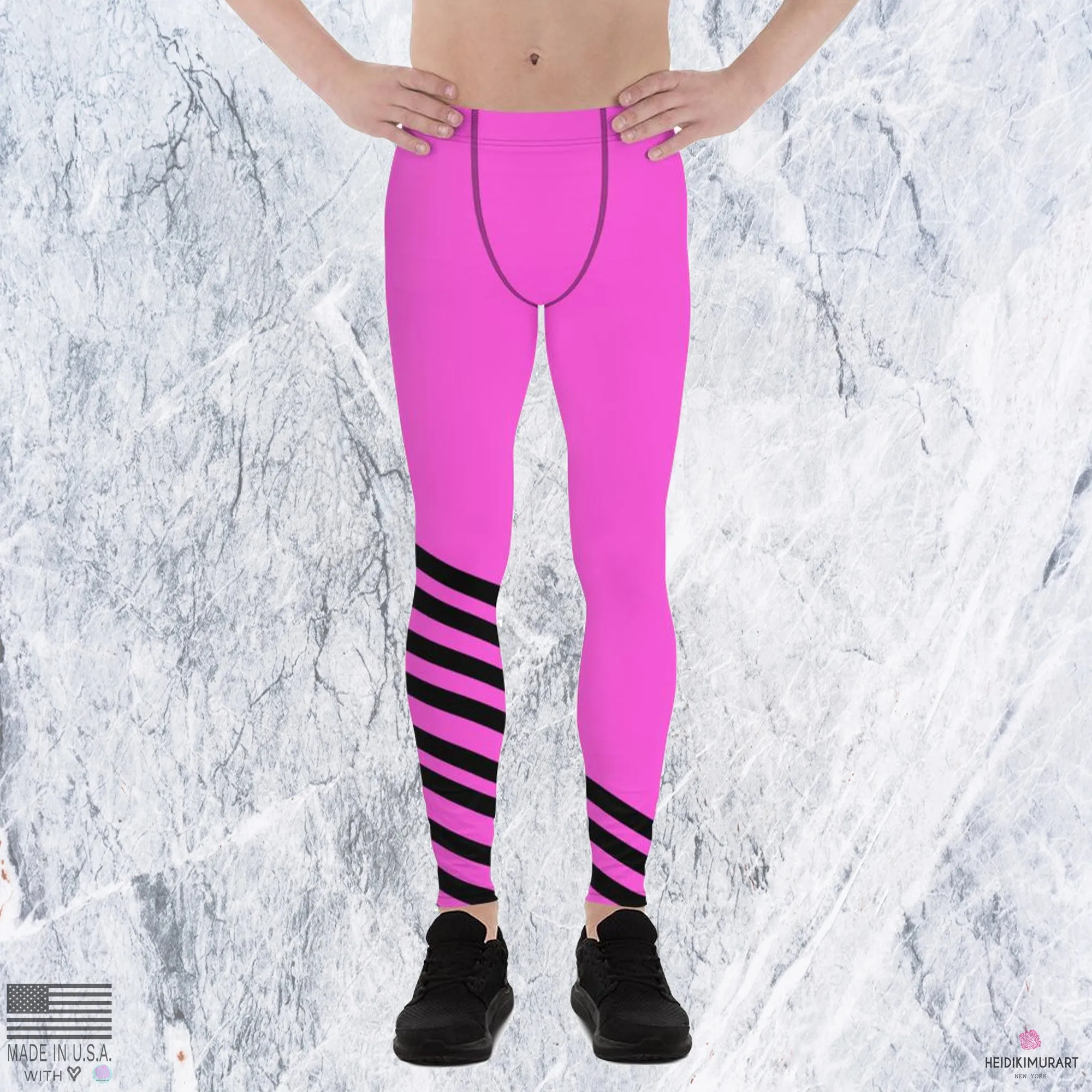 Pink Black Striped Meggings, Athletic Yoga Pants Running Leggings Men's Tights-Made in USA/EU