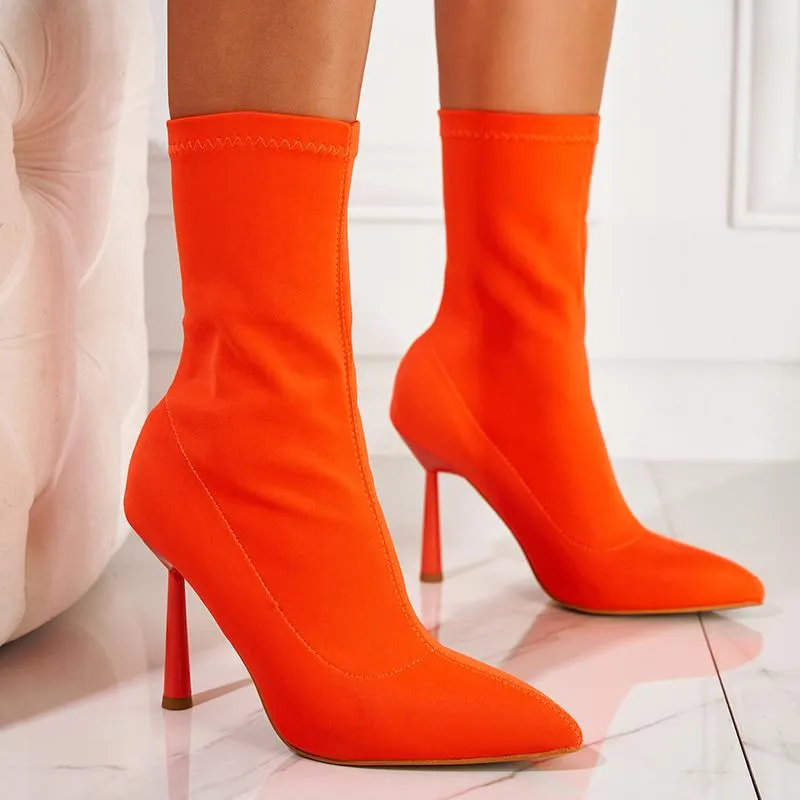 Point Toe Stiletto Heel Satin Sock Ankle Boots Minimalist Pointed Toe Stiletto Boots