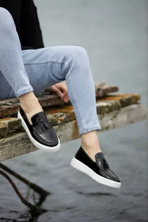 Prince Tassel Detail Leather Black Shoes