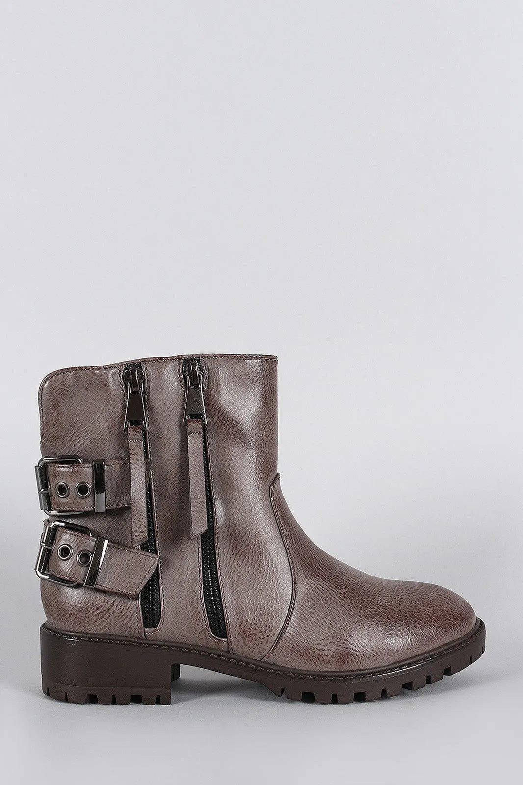 Qupid Burnished Double Zipper Buckle Round Toe Ankle Boots