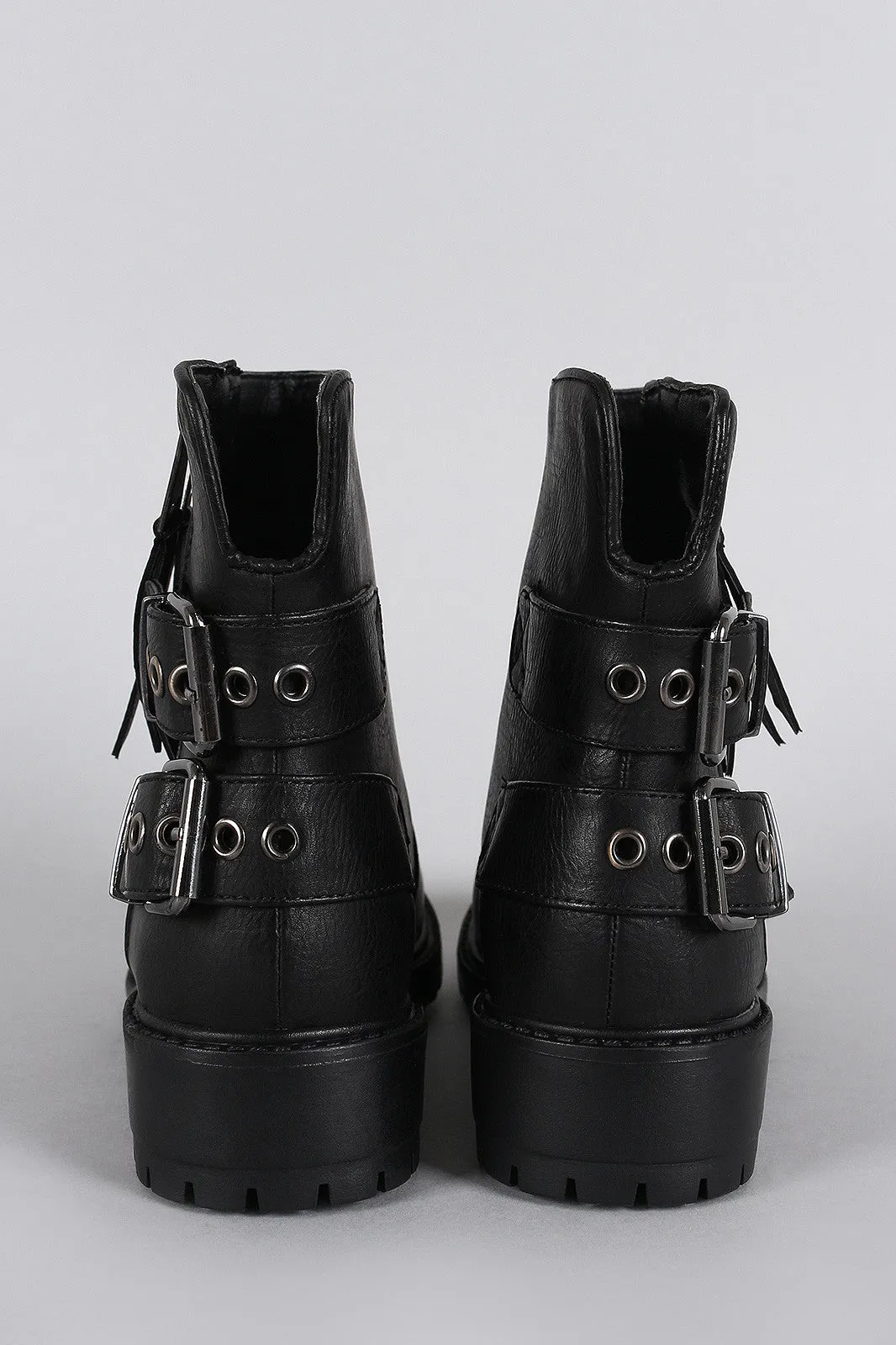 Qupid Burnished Double Zipper Buckle Round Toe Ankle Boots