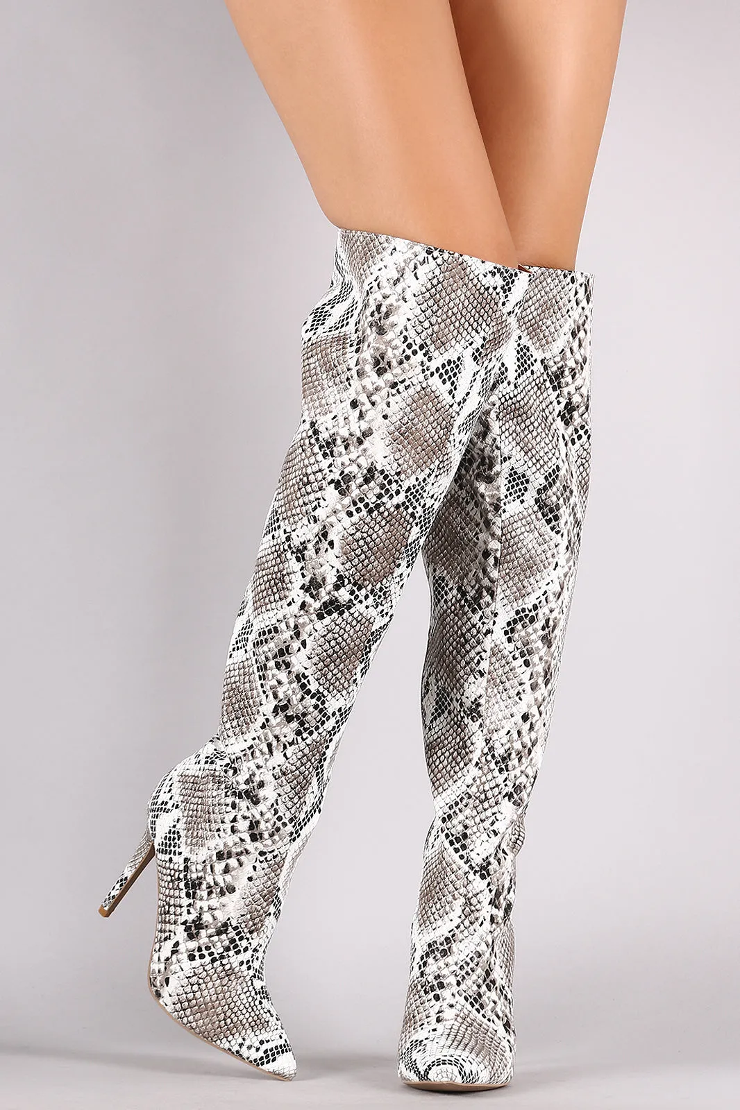 Qupid Python Print Pointy Toe Stiletto Over-The-Knee Boots