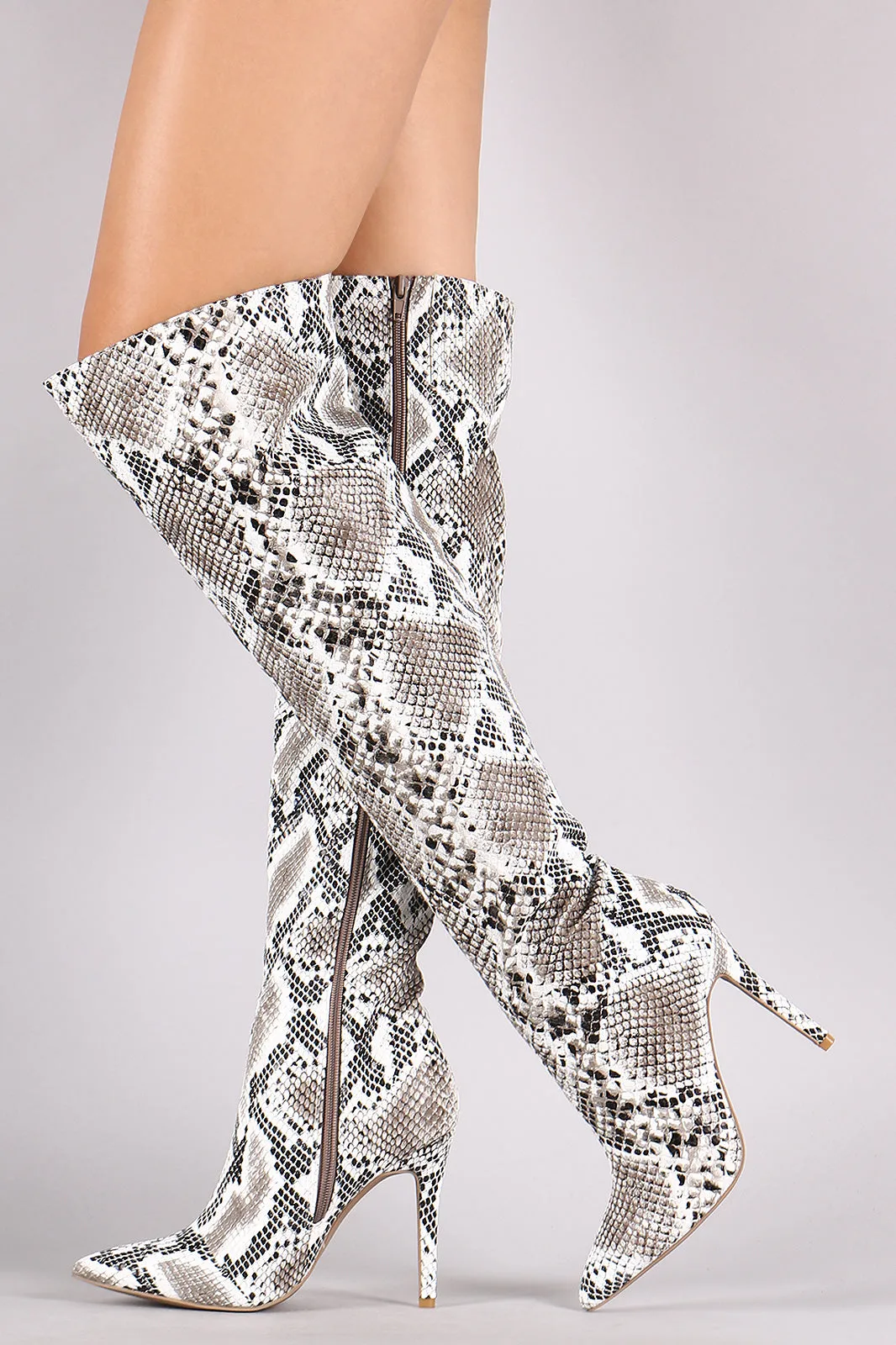 Qupid Python Print Pointy Toe Stiletto Over-The-Knee Boots