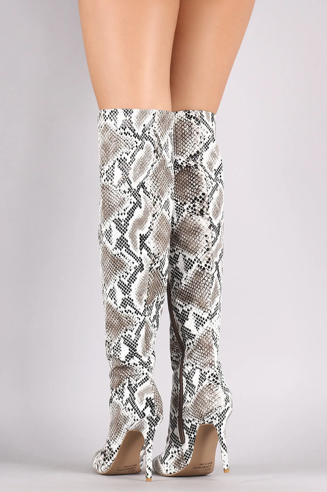 Qupid Python Print Pointy Toe Stiletto Over-The-Knee Boots