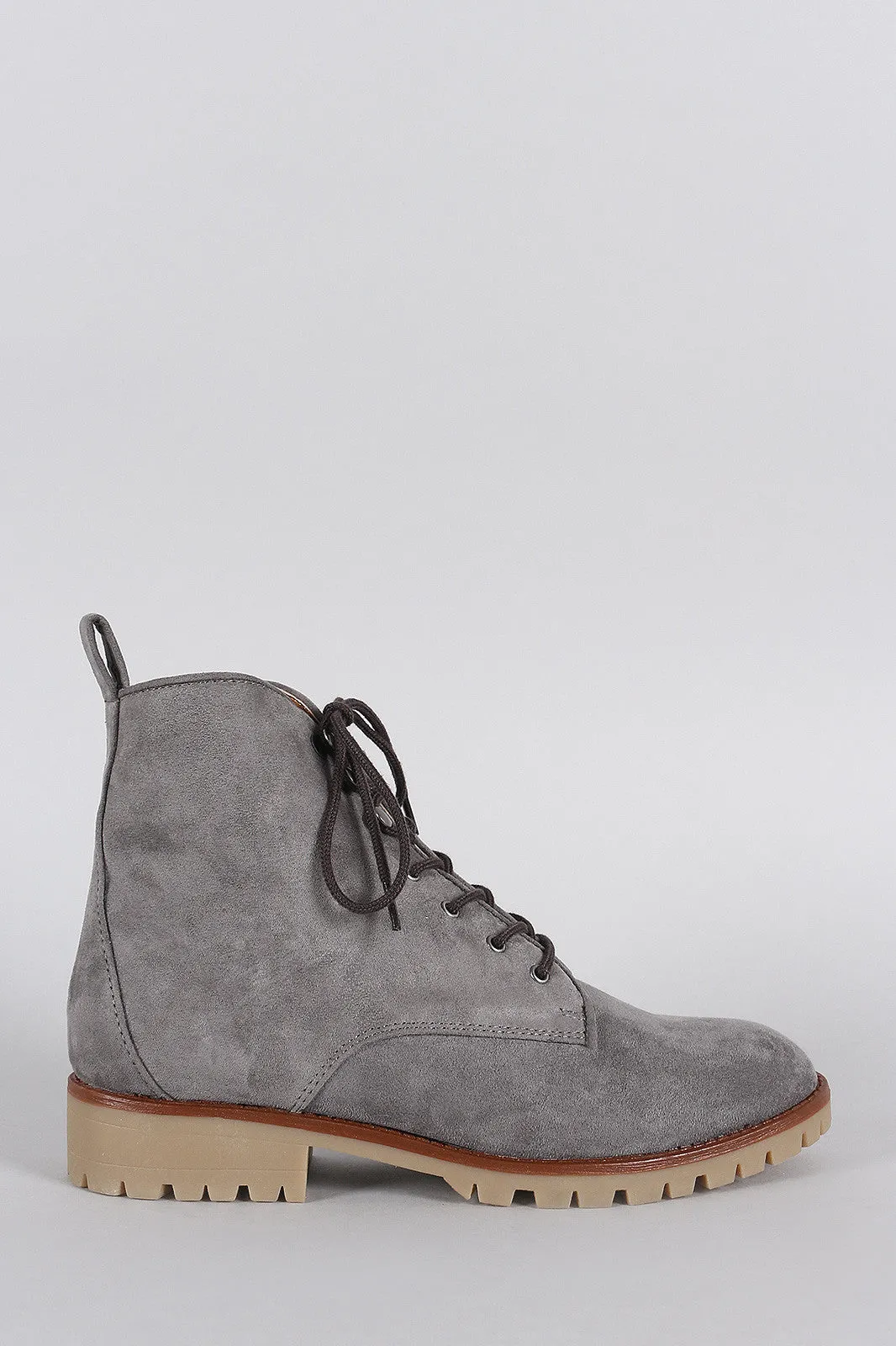 Qupid Suede Lug Sole Round Toe Lace Up Combat Ankle Boots