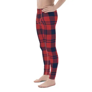 Red Plaid Print Men's Leggings, Plaid Print Classic Designer Men's Leggings - Made in USA/EU/MX