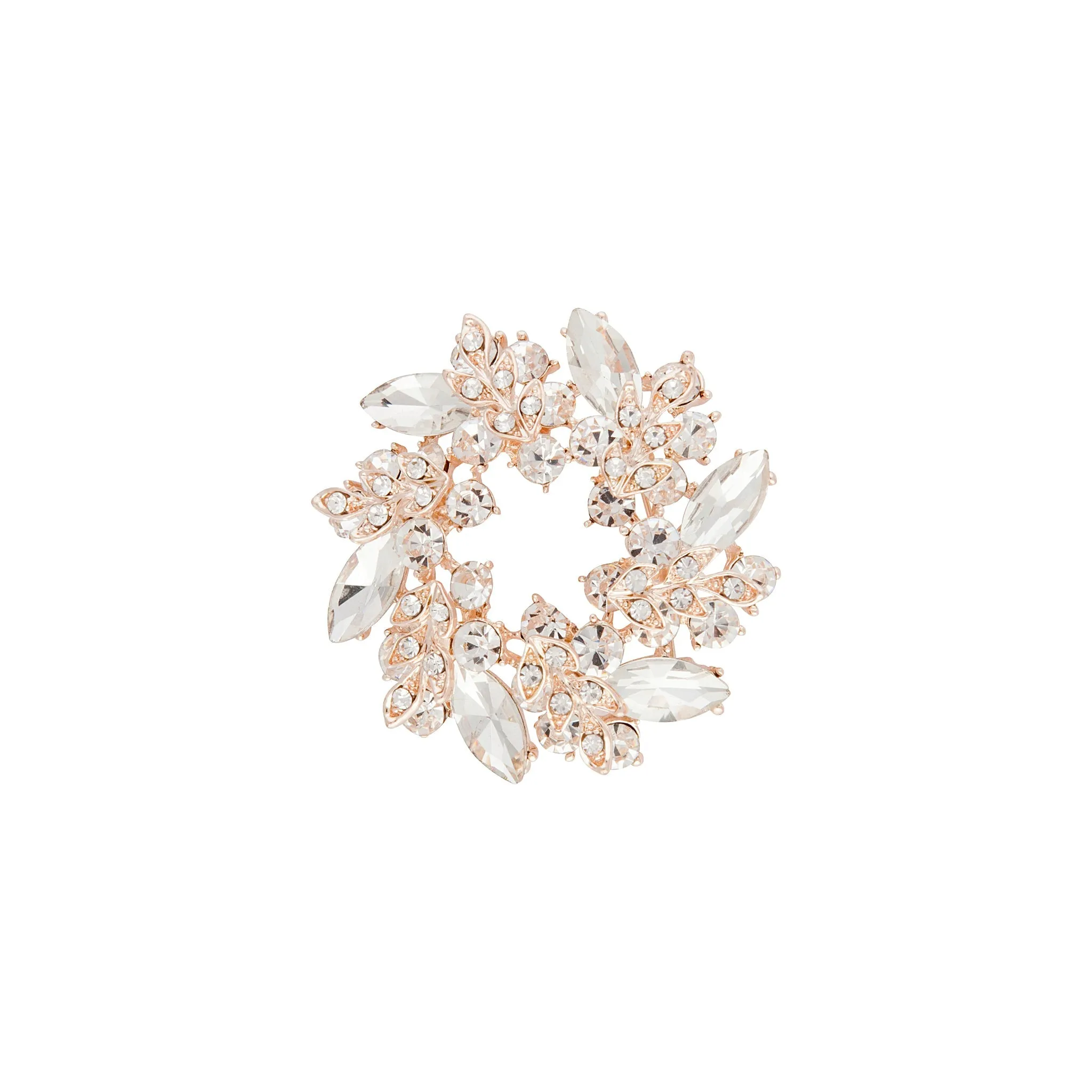 Rose Gold Diamante Leaf Round Brooch