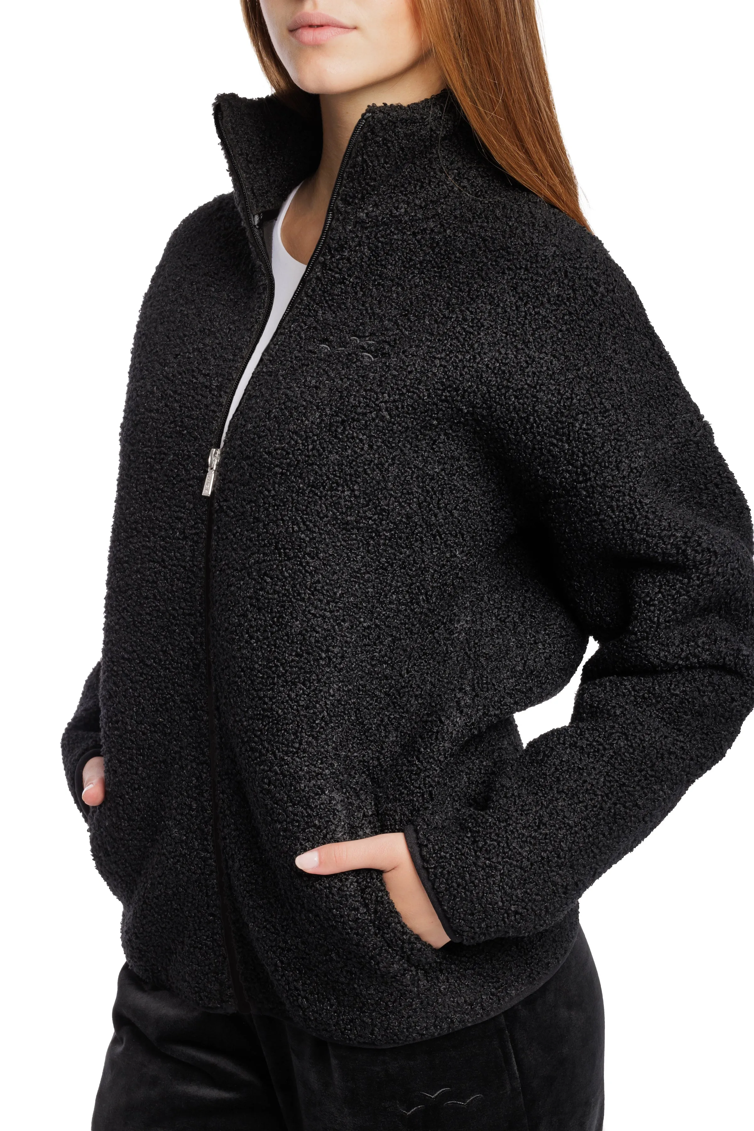 Sara Teddy sherpa zip up jacket in black