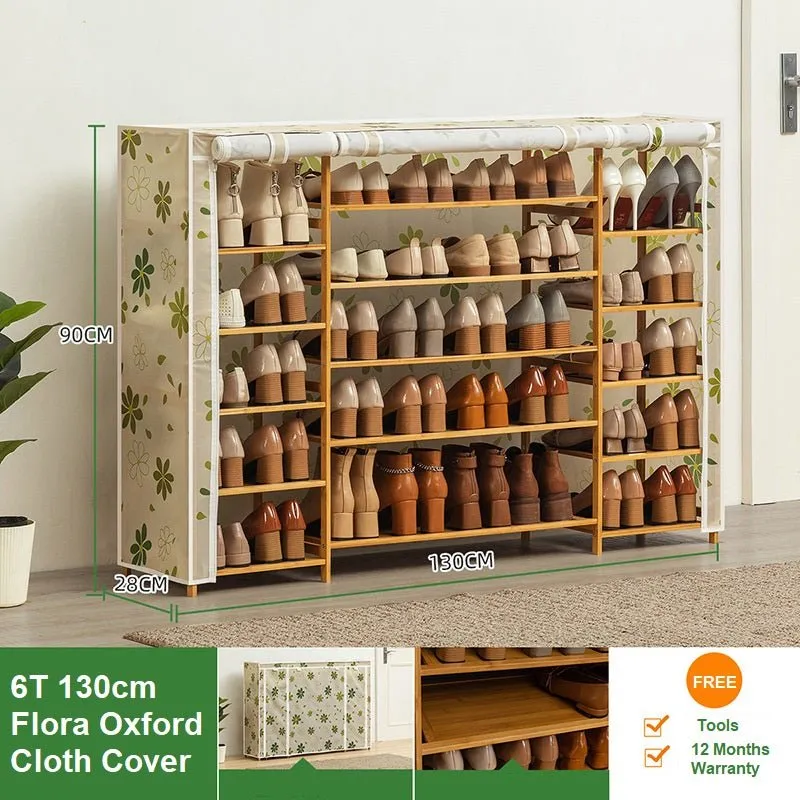 Six Tier Oxford Cloth Covered Tower Bamboo Wooden Shoe Rack Boot Shelf Stand Storage Organizer