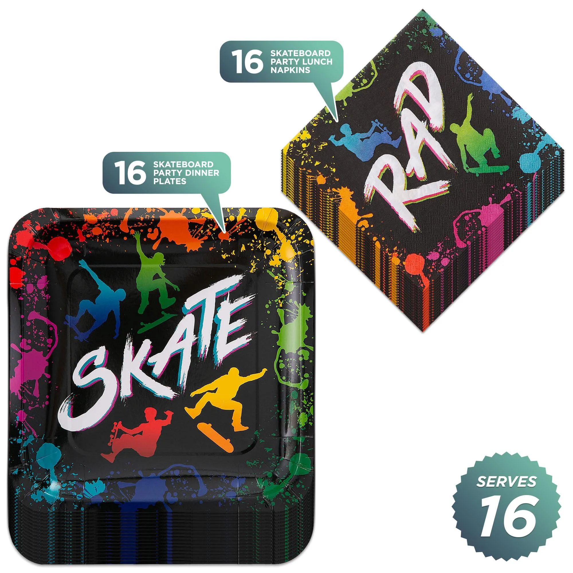 Skate Party Supplies - Paint Splatter Skater Paper Plates and Rad Napkins (Serves 16)