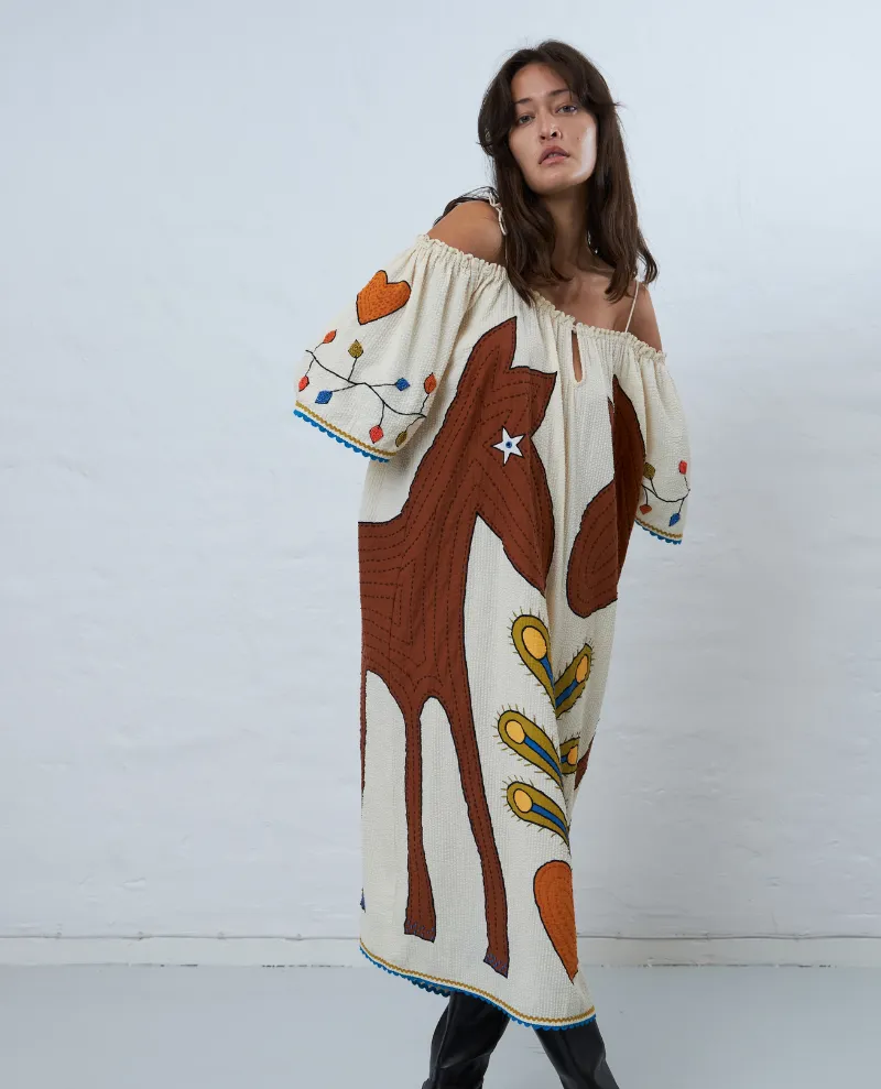 Stella Nova Embroidered Horse Ivory Midi Dress