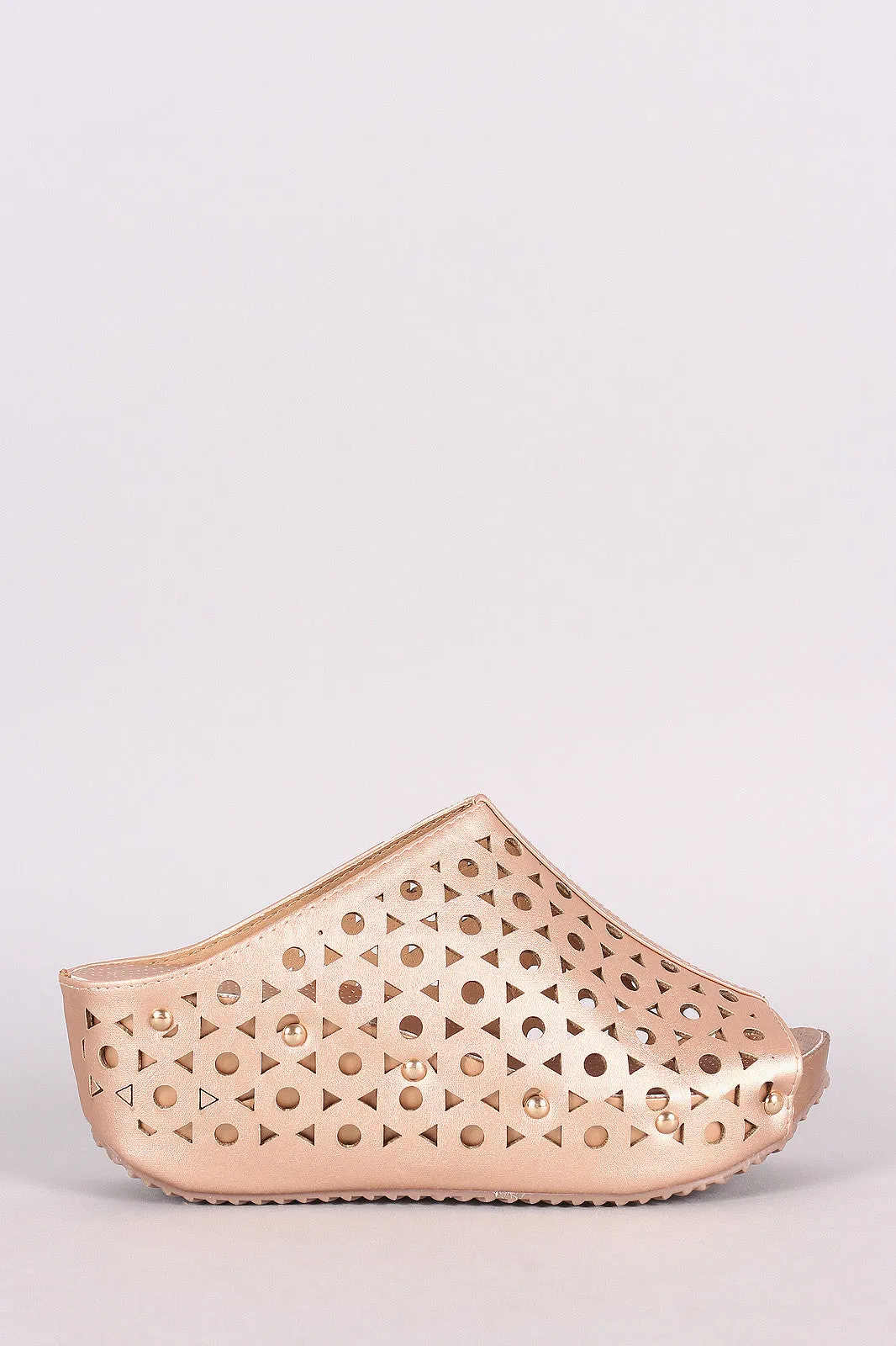 Studded Laser-Cut Peep Toe Platform Slide Wedge Mules