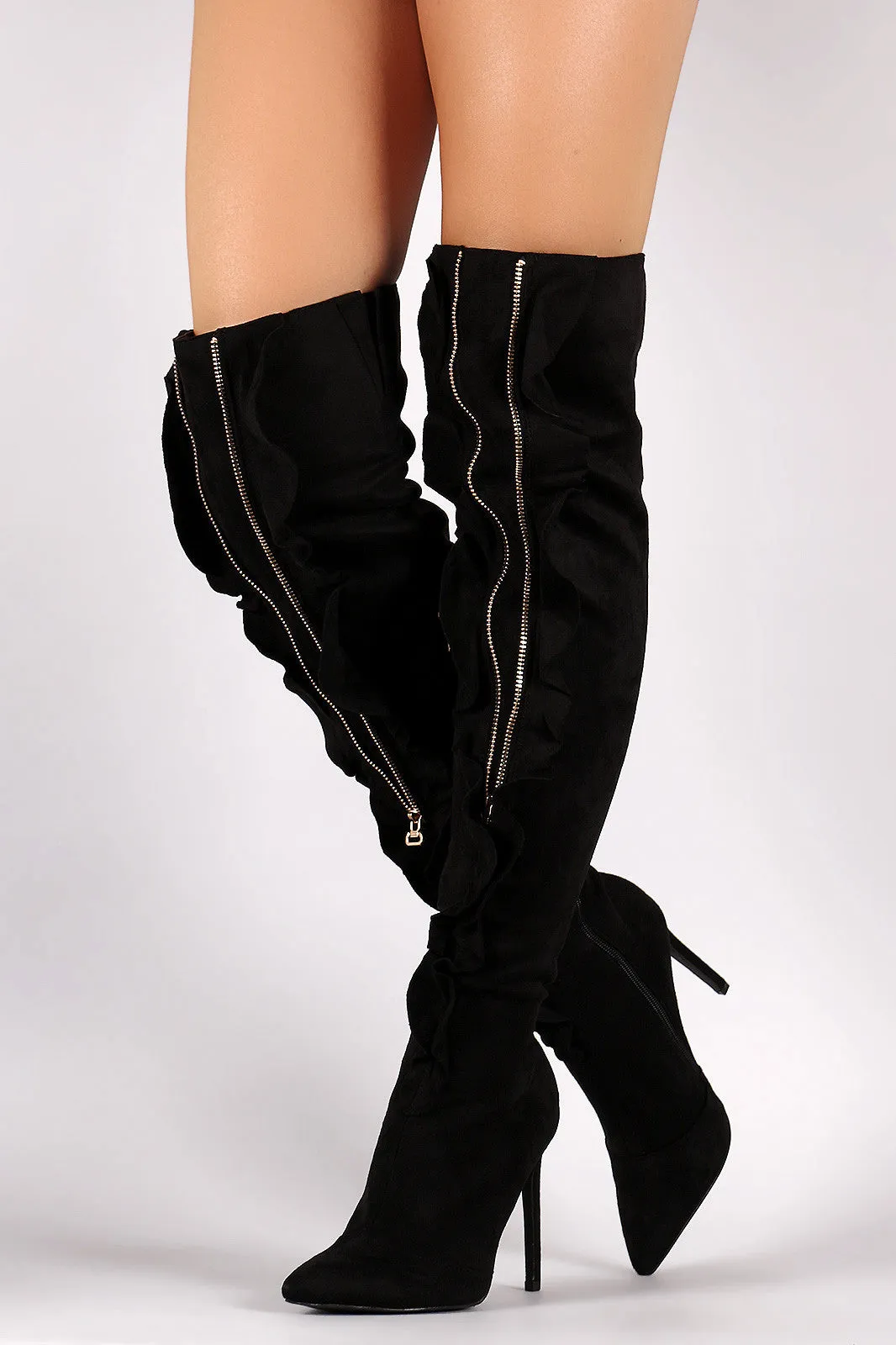 Suede Ruffle and Zipper Pointy Toe Stiletto Heel Boots