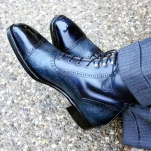 Tailor Made Handmade Blue Grain & Blue Plain Leather Cap Toe Lace up Ankle High Boots