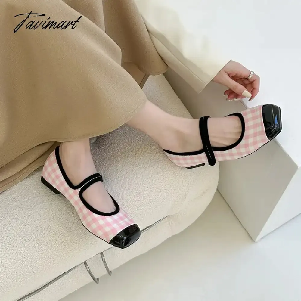 Tavimart New Women Flats Square Toe Retro Single Shoes Buckle Checkerboard Mary Jane Shoes Soft Ballerina Flats Mujer