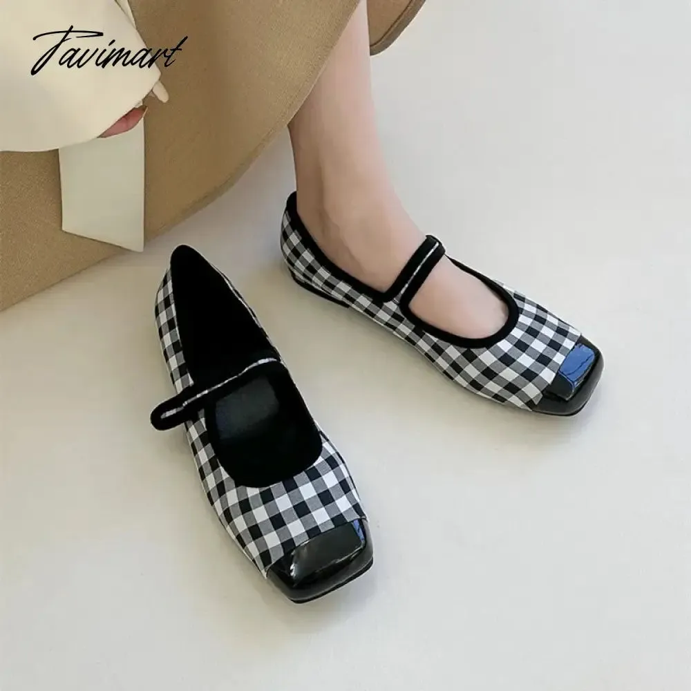 Tavimart New Women Flats Square Toe Retro Single Shoes Buckle Checkerboard Mary Jane Shoes Soft Ballerina Flats Mujer