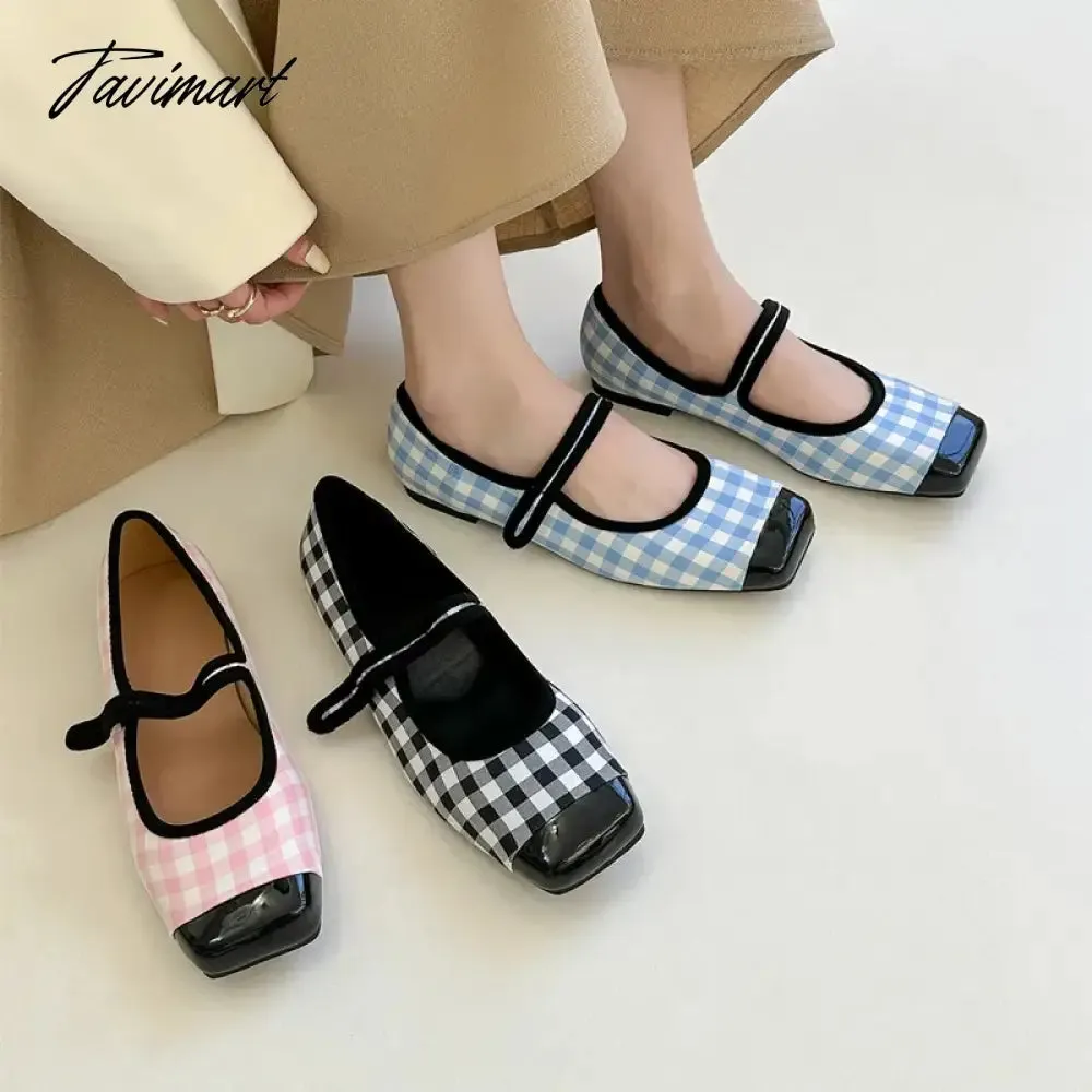 Tavimart New Women Flats Square Toe Retro Single Shoes Buckle Checkerboard Mary Jane Shoes Soft Ballerina Flats Mujer