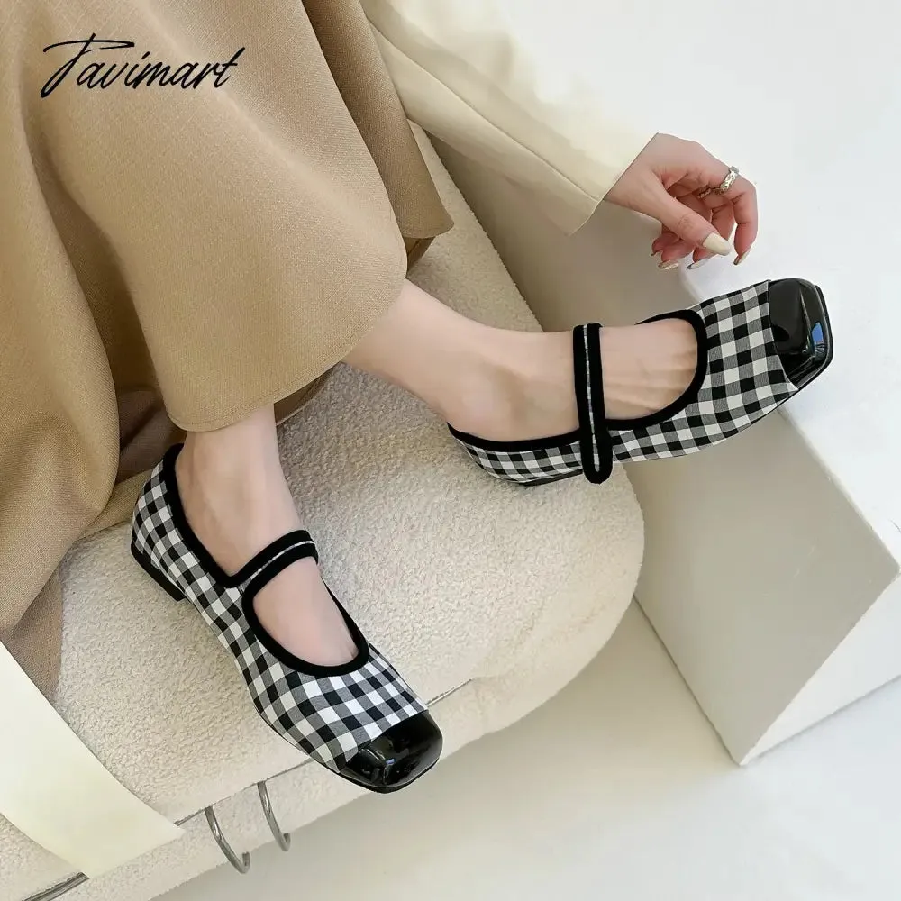 Tavimart New Women Flats Square Toe Retro Single Shoes Buckle Checkerboard Mary Jane Shoes Soft Ballerina Flats Mujer