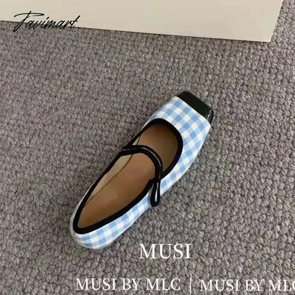 Tavimart New Women Flats Square Toe Retro Single Shoes Buckle Checkerboard Mary Jane Shoes Soft Ballerina Flats Mujer