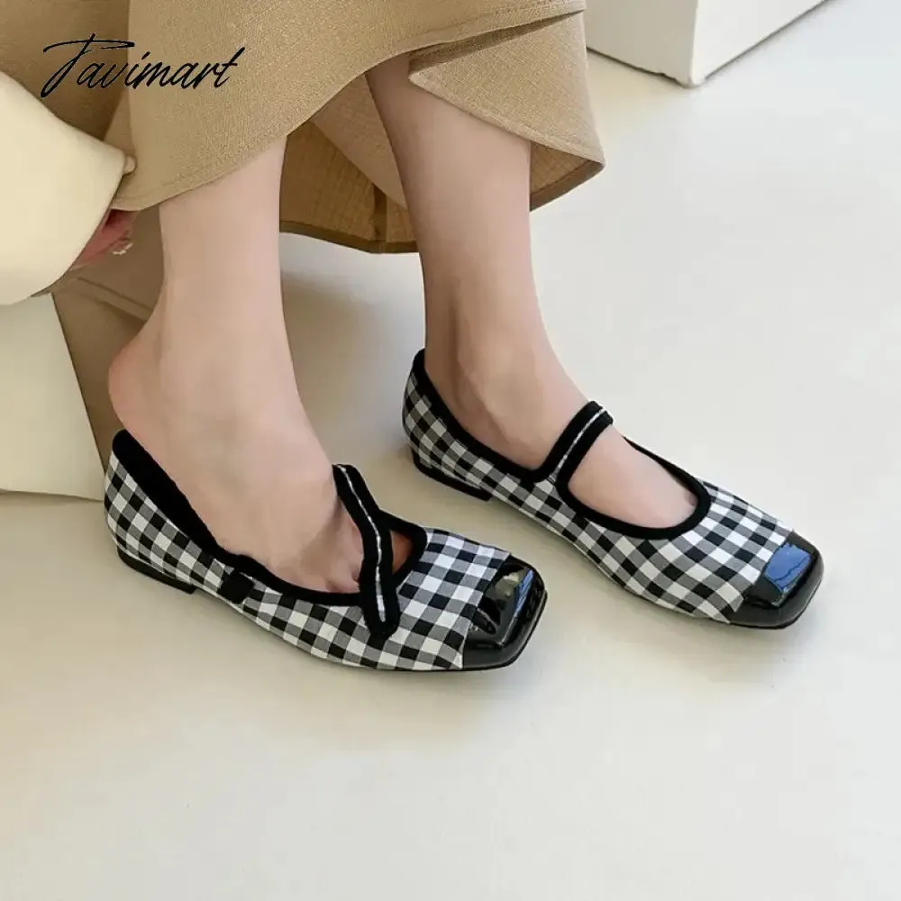 Tavimart New Women Flats Square Toe Retro Single Shoes Buckle Checkerboard Mary Jane Shoes Soft Ballerina Flats Mujer