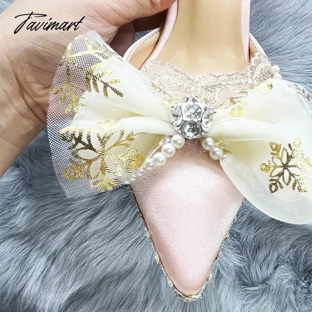 Tavimart Original Bride Vintage Lolita Flower Wedding High Heels Tea Party Flower Pointed Bow Tie Women's Shoes Wedding Shoes