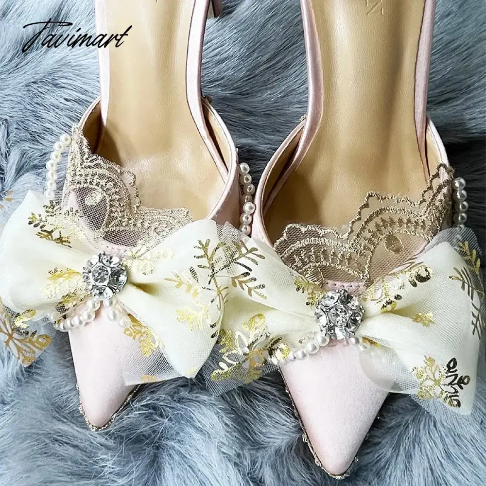 Tavimart Original Bride Vintage Lolita Flower Wedding High Heels Tea Party Flower Pointed Bow Tie Women's Shoes Wedding Shoes