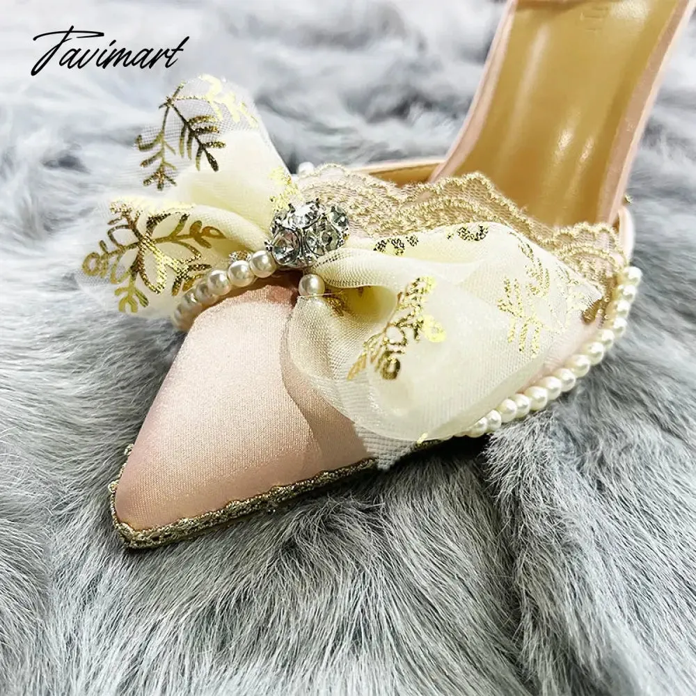 Tavimart Original Bride Vintage Lolita Flower Wedding High Heels Tea Party Flower Pointed Bow Tie Women's Shoes Wedding Shoes