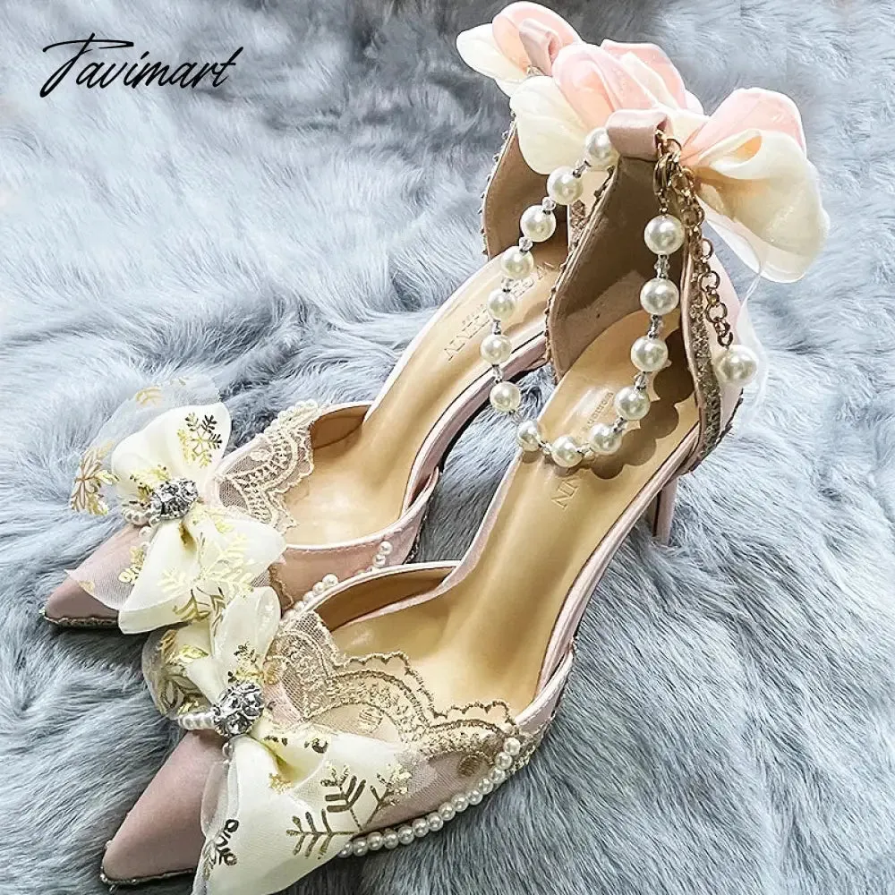 Tavimart Original Bride Vintage Lolita Flower Wedding High Heels Tea Party Flower Pointed Bow Tie Women's Shoes Wedding Shoes