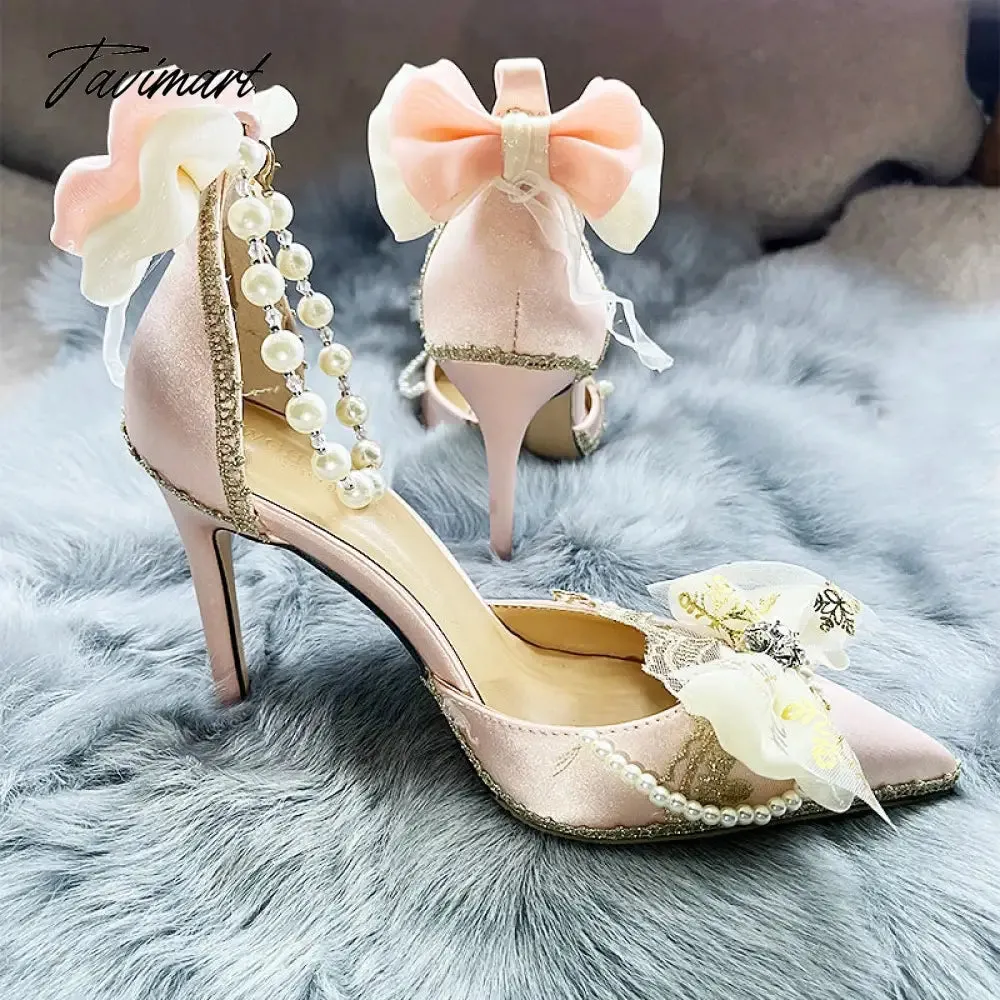 Tavimart Original Bride Vintage Lolita Flower Wedding High Heels Tea Party Flower Pointed Bow Tie Women's Shoes Wedding Shoes