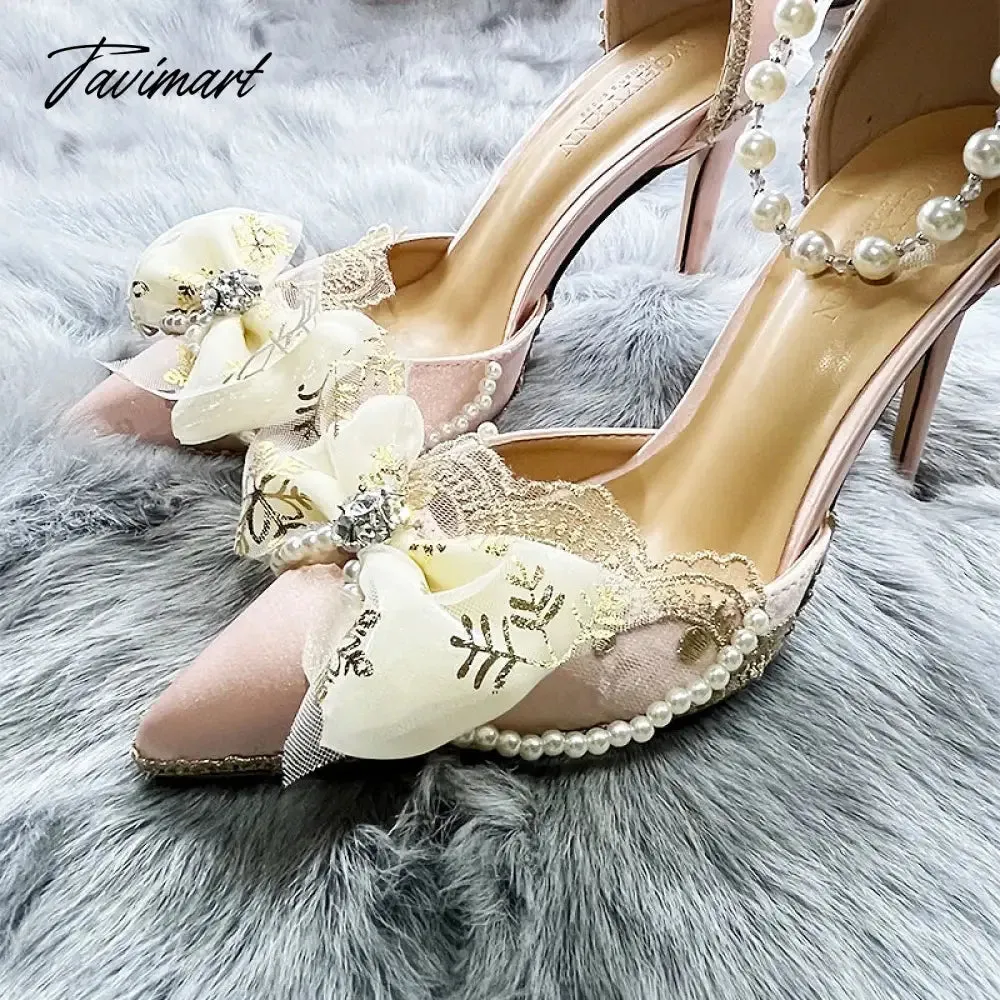 Tavimart Original Bride Vintage Lolita Flower Wedding High Heels Tea Party Flower Pointed Bow Tie Women's Shoes Wedding Shoes