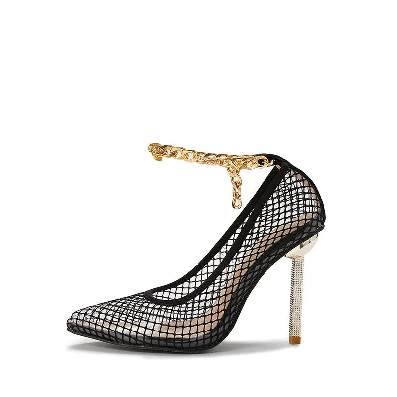 Transparent Net Pointed Toe Chain Fine High Heels