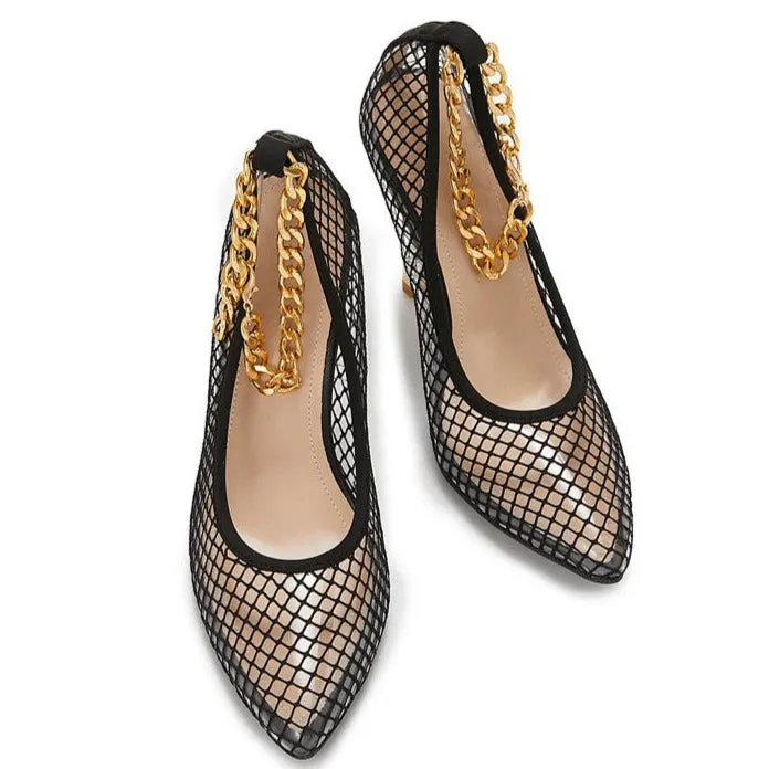 Transparent Net Pointed Toe Chain Fine High Heels