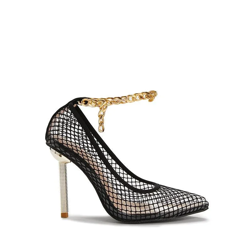 Transparent Net Pointed Toe Chain Fine High Heels