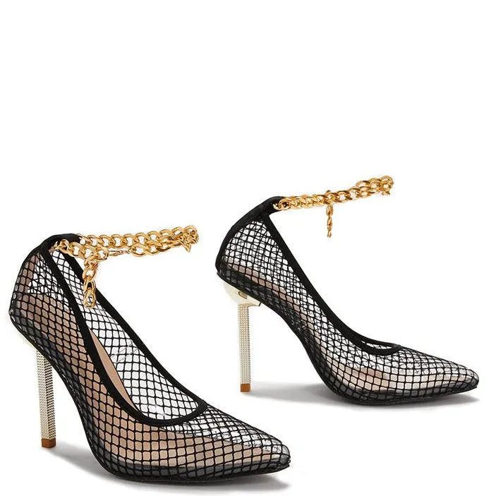 Transparent Net Pointed Toe Chain Fine High Heels