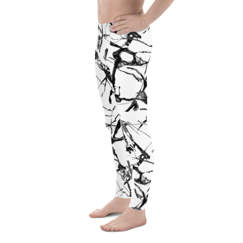 White Marble Printed Tights, Abstract Print Meggings, Designer Men's Leggings Tight Pants - Made in USA/EU