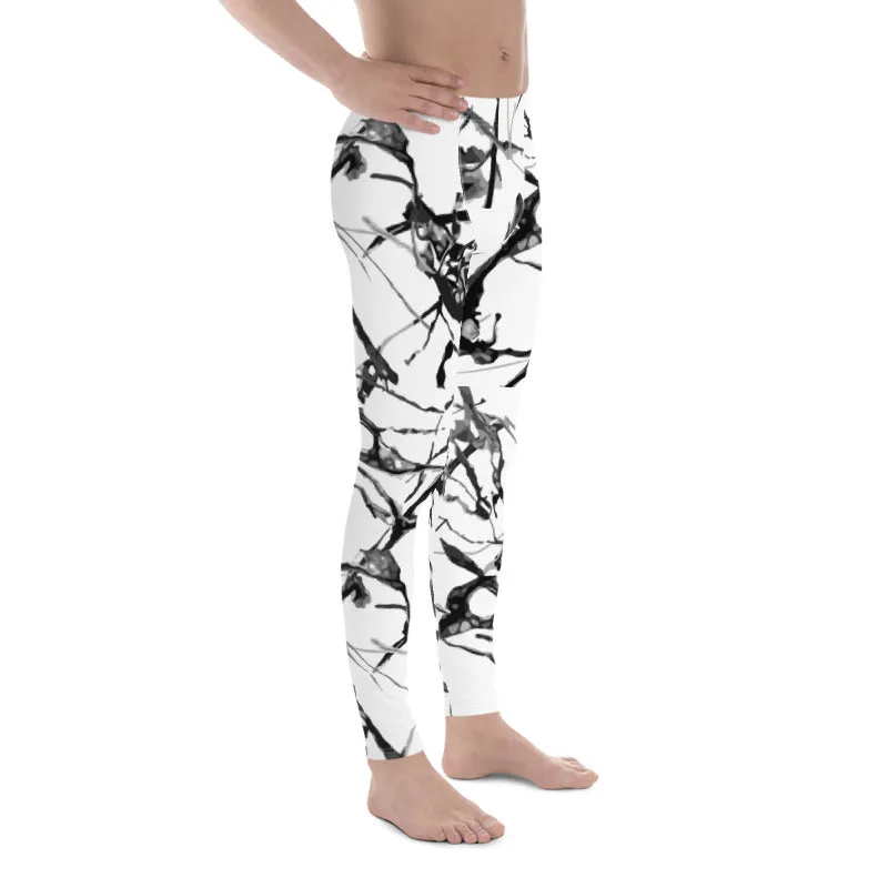 White Marble Printed Tights, Abstract Print Meggings, Designer Men's Leggings Tight Pants - Made in USA/EU