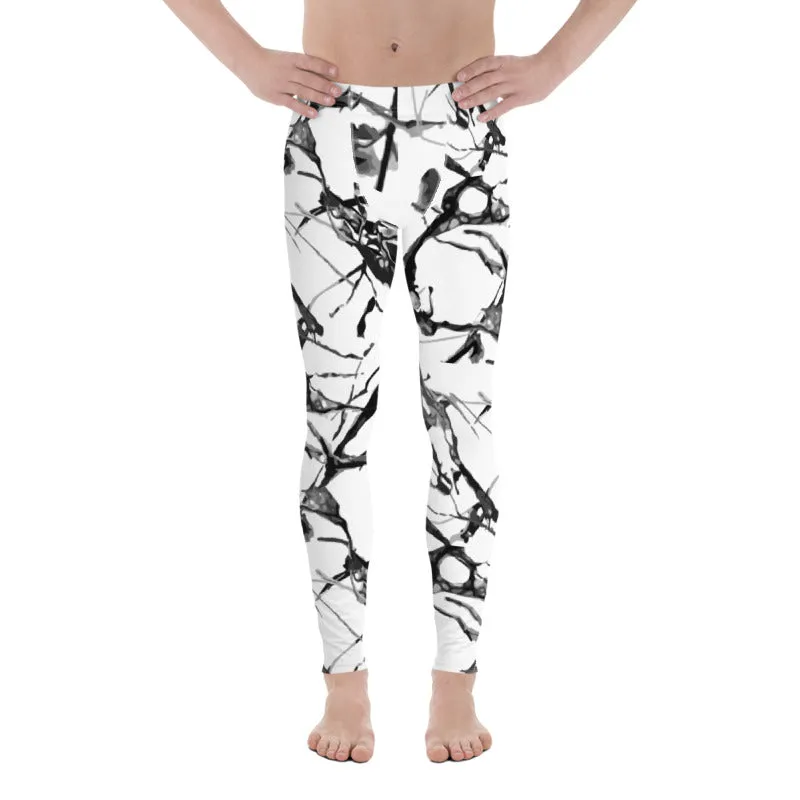 White Marble Printed Tights, Abstract Print Meggings, Designer Men's Leggings Tight Pants - Made in USA/EU