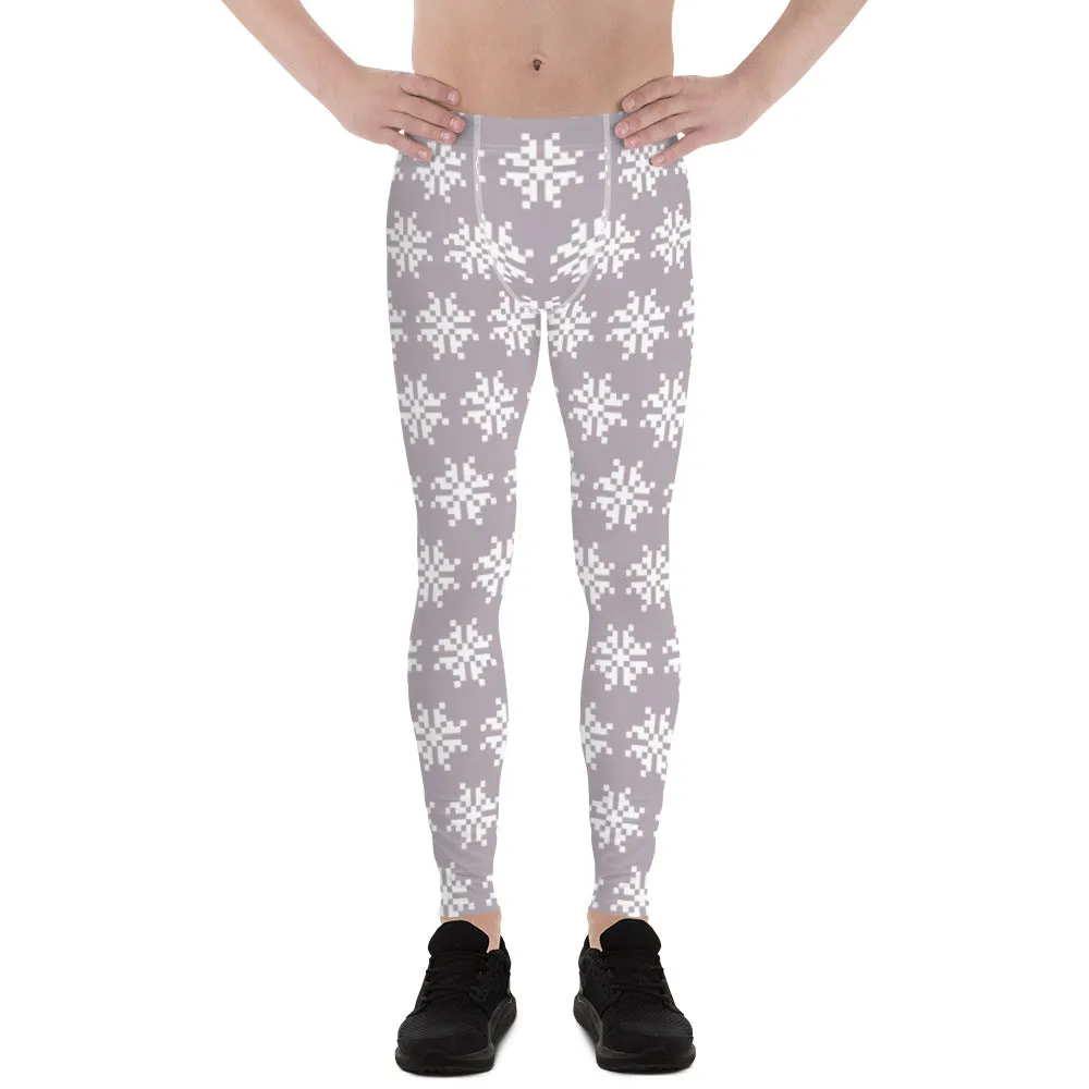 White Snowflakes Christmas Men's Leggings, X'mas Grey and White Festive Best Holiday Tights For Men - Made in USA/EU/MX