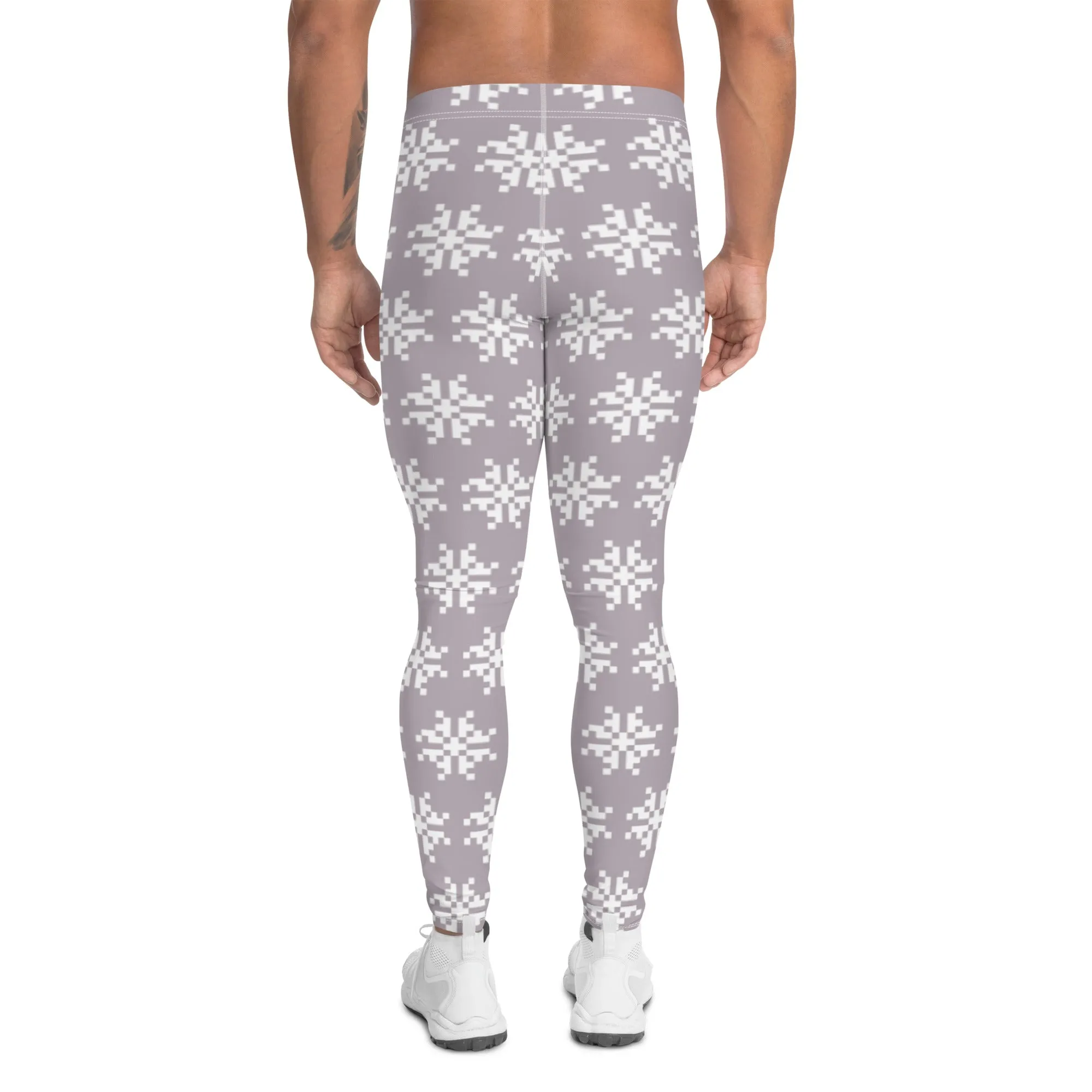 White Snowflakes Christmas Men's Leggings, X'mas Grey and White Festive Best Holiday Tights For Men - Made in USA/EU/MX