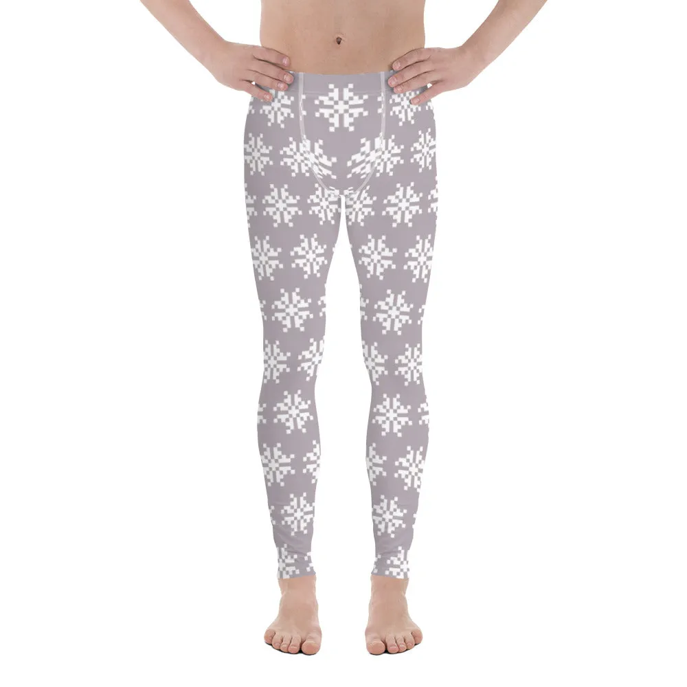 White Snowflakes Christmas Men's Leggings, X'mas Grey and White Festive Best Holiday Tights For Men - Made in USA/EU/MX