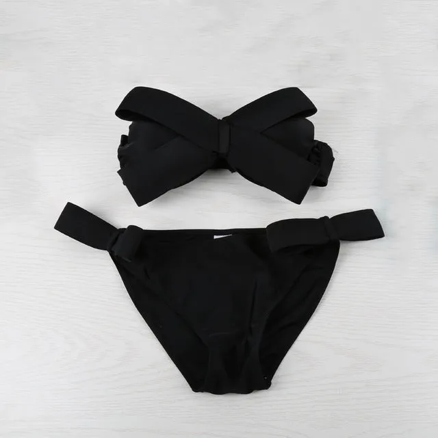 Women Black Sexy Swim Wear Solid Swimwear Brazilian Bikini Big Bow Bandeau Beach Wear Halter Swimsuit Push Up Bathing Suit