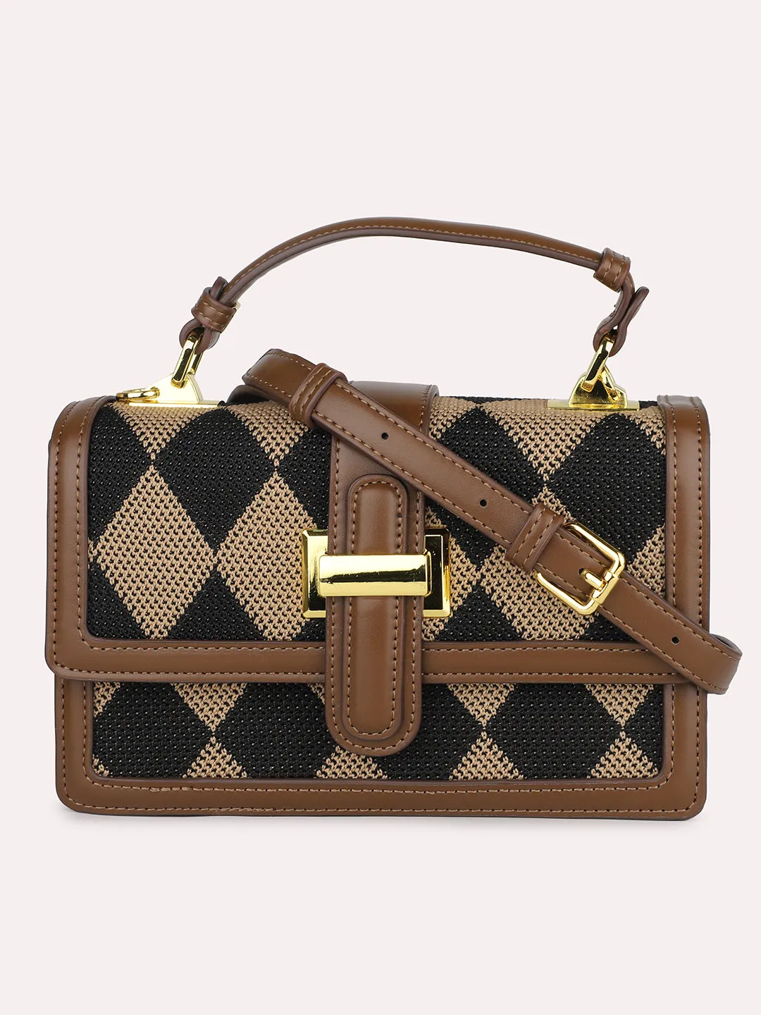 Women Brown Geometric Textured Structured Satchel Sling