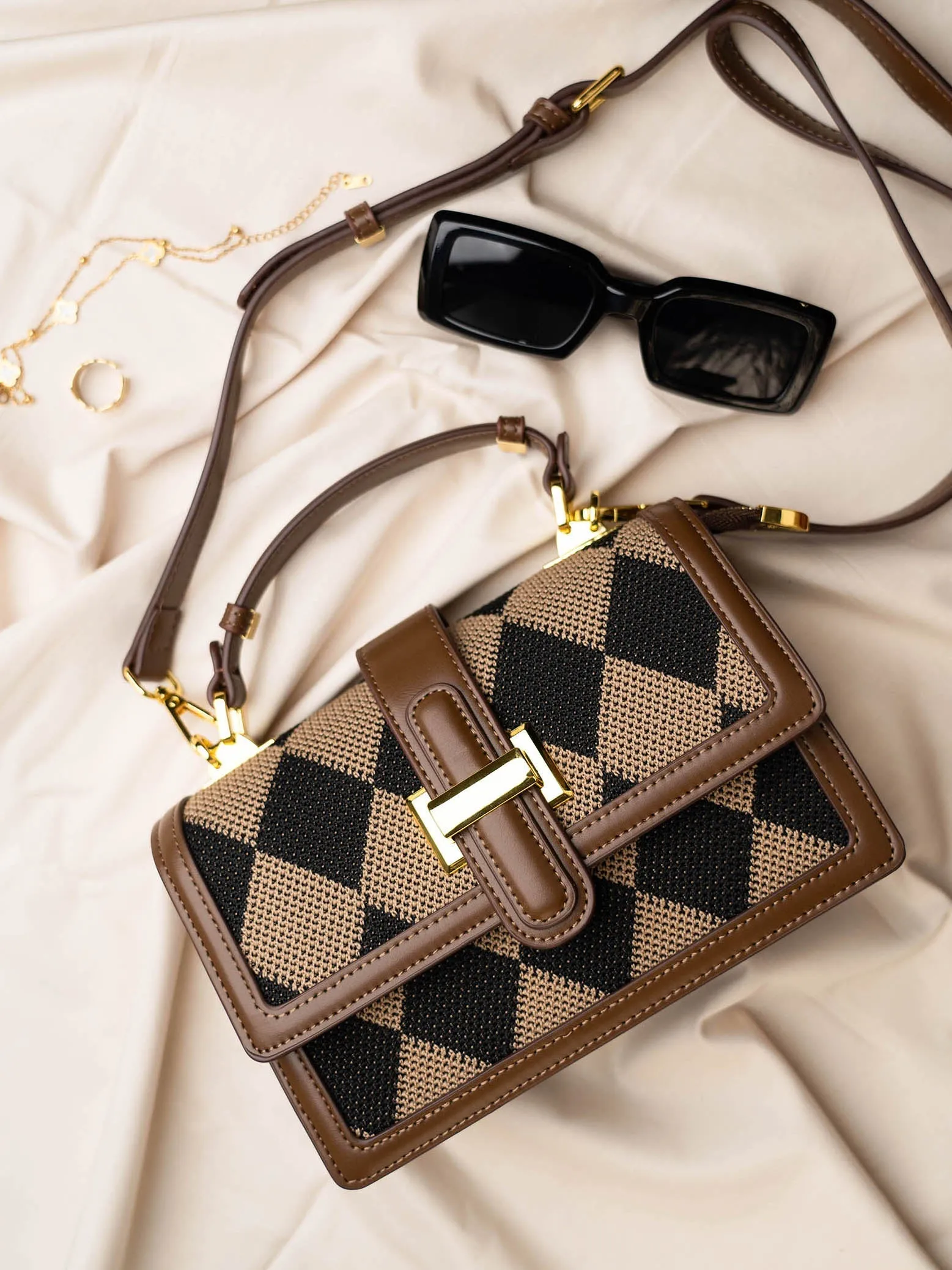 Women Brown Geometric Textured Structured Satchel Sling