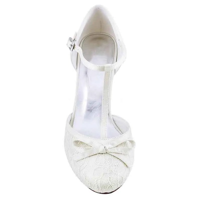 Women T Strap Wedding Shoes Low Heel Bow Lace Round Toe Pumps