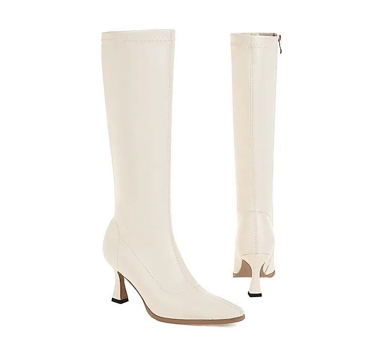 Women's Pointed Toe Side Zippers Spool Heel Knee-High Boots