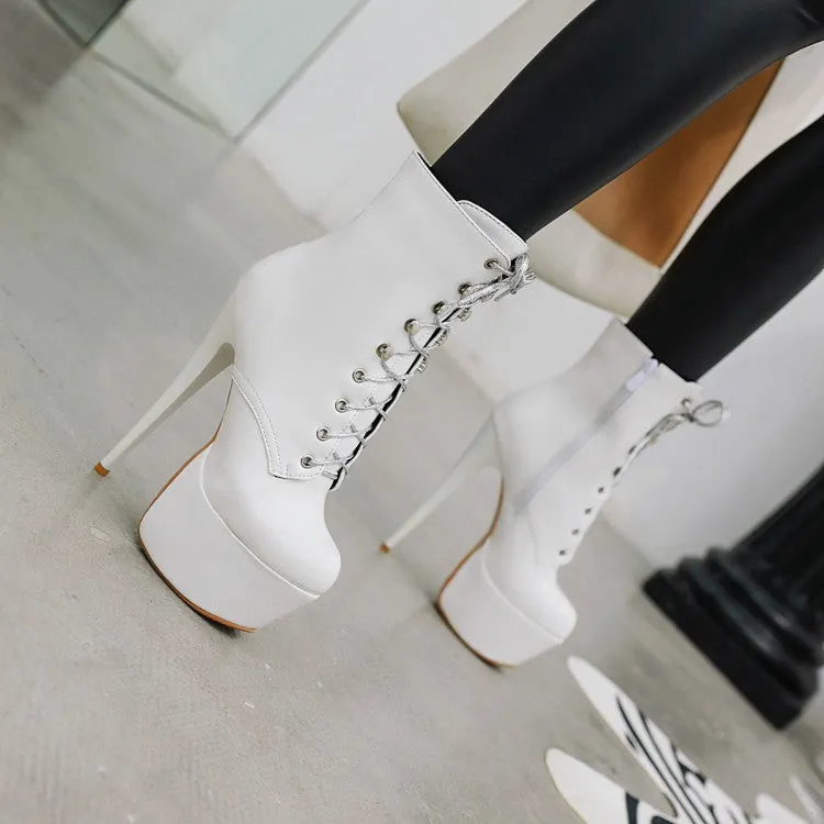 Women's Pu Leather Almond Toe Tied Belts Stiletto Heel Platform Short Boots