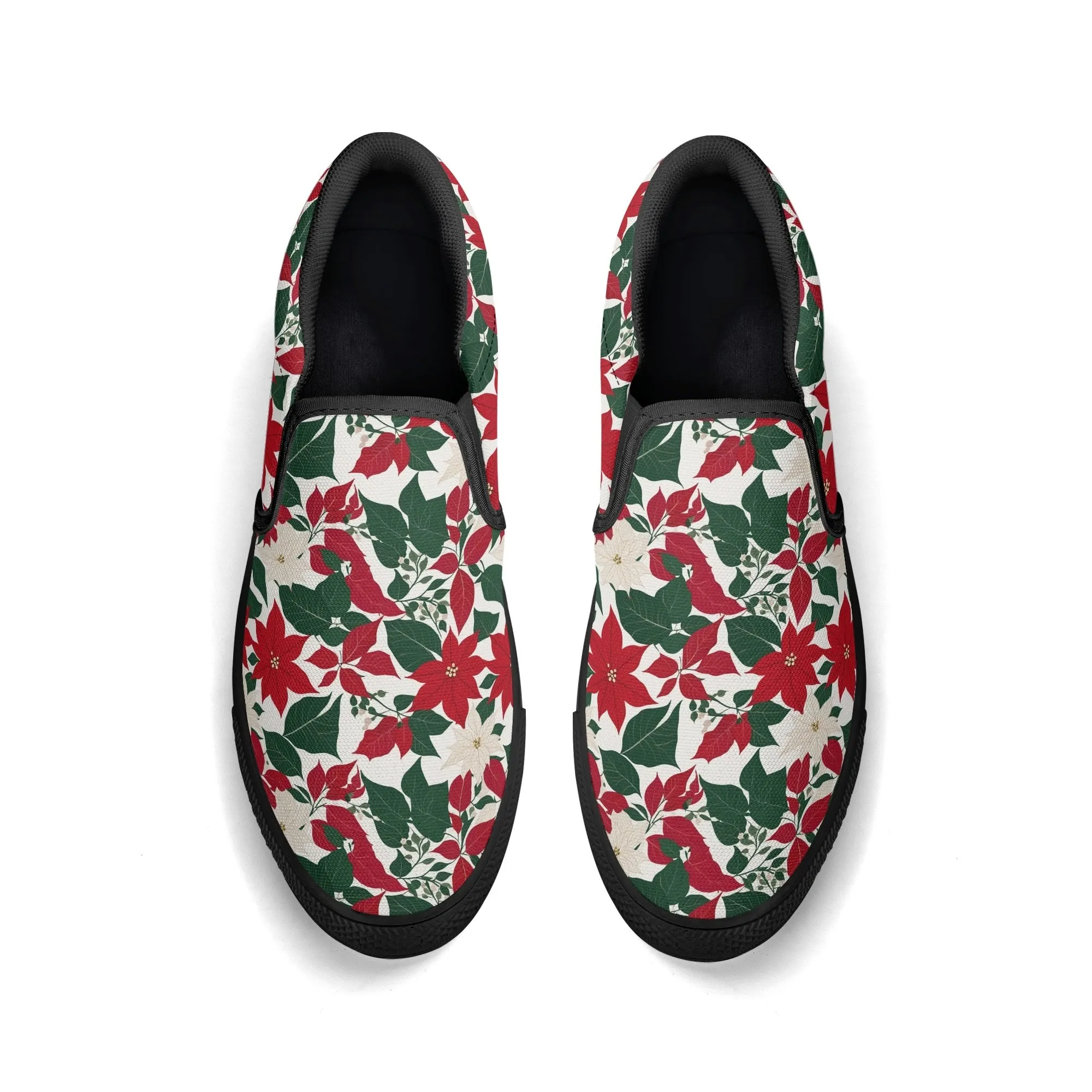 Womens Red and White Poinsettia Flower Rubber Slip On Shoes