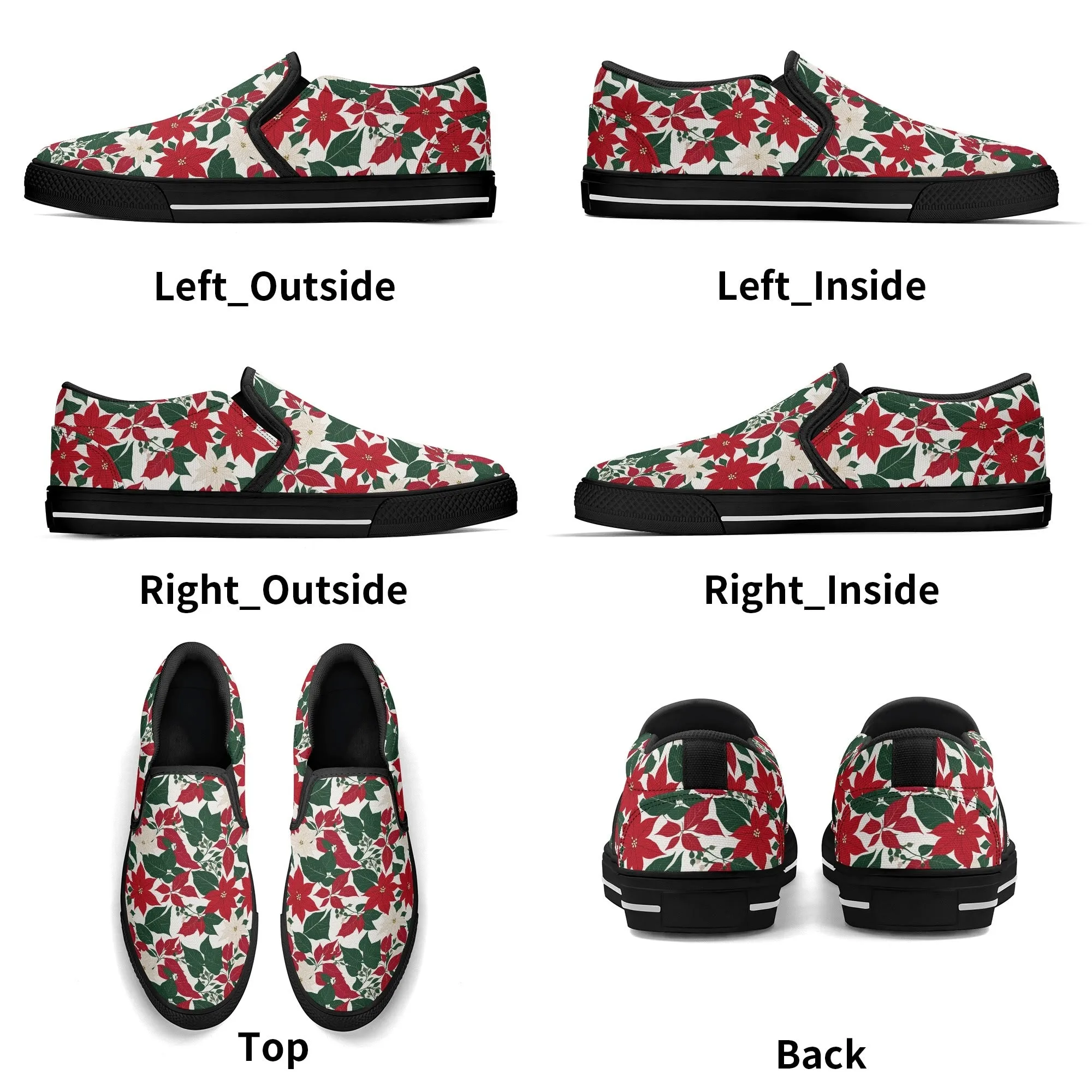 Womens Red and White Poinsettia Flower Rubber Slip On Shoes