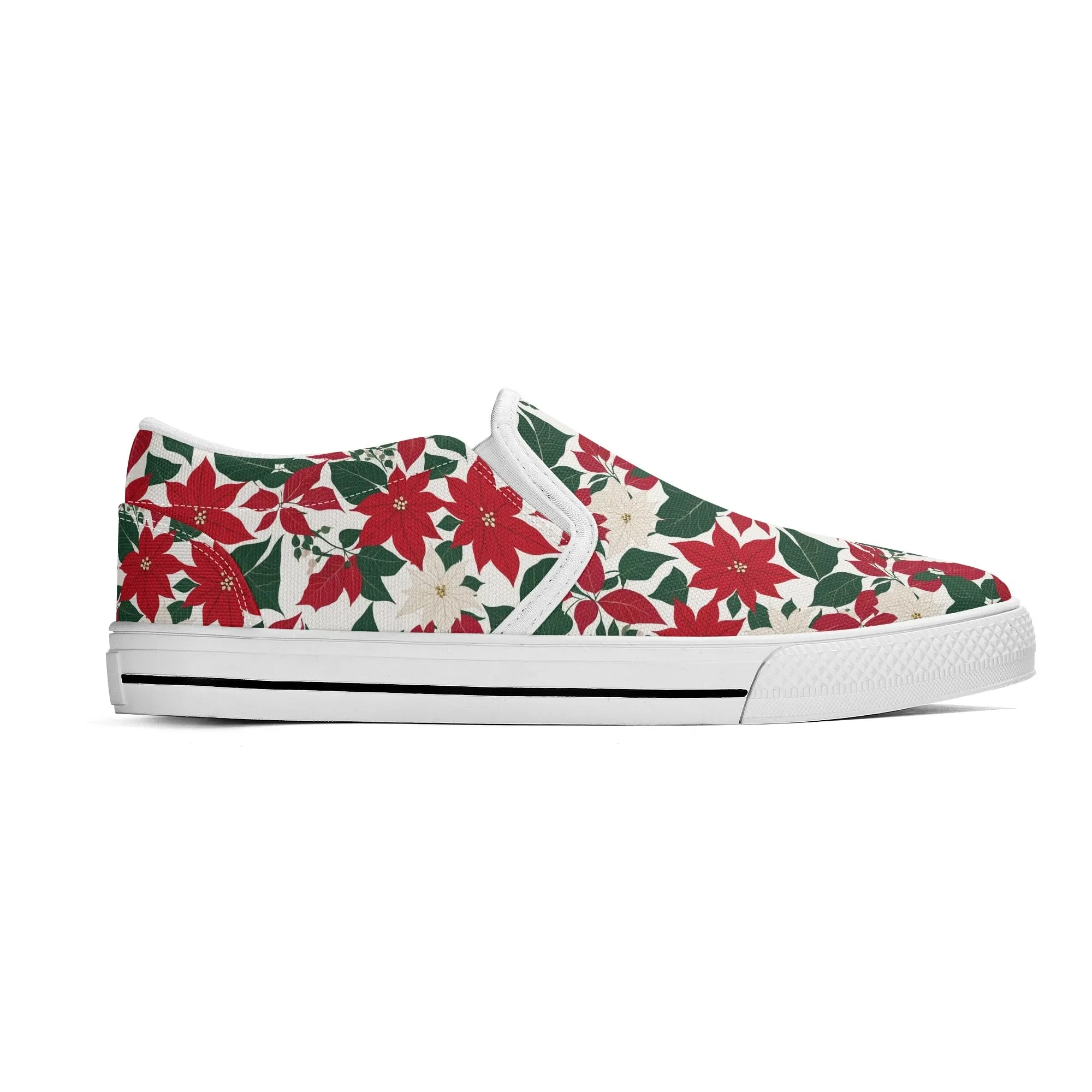 Womens Red and White Poinsettia Flower Rubber Slip On Shoes